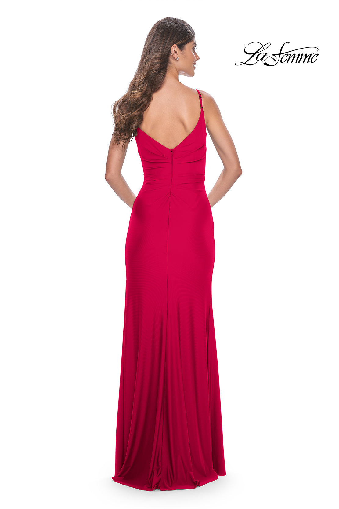 La Femme 32115 V-Neck Neckline Zipper Back High Slit Jersey Column Fitted Evening Dress