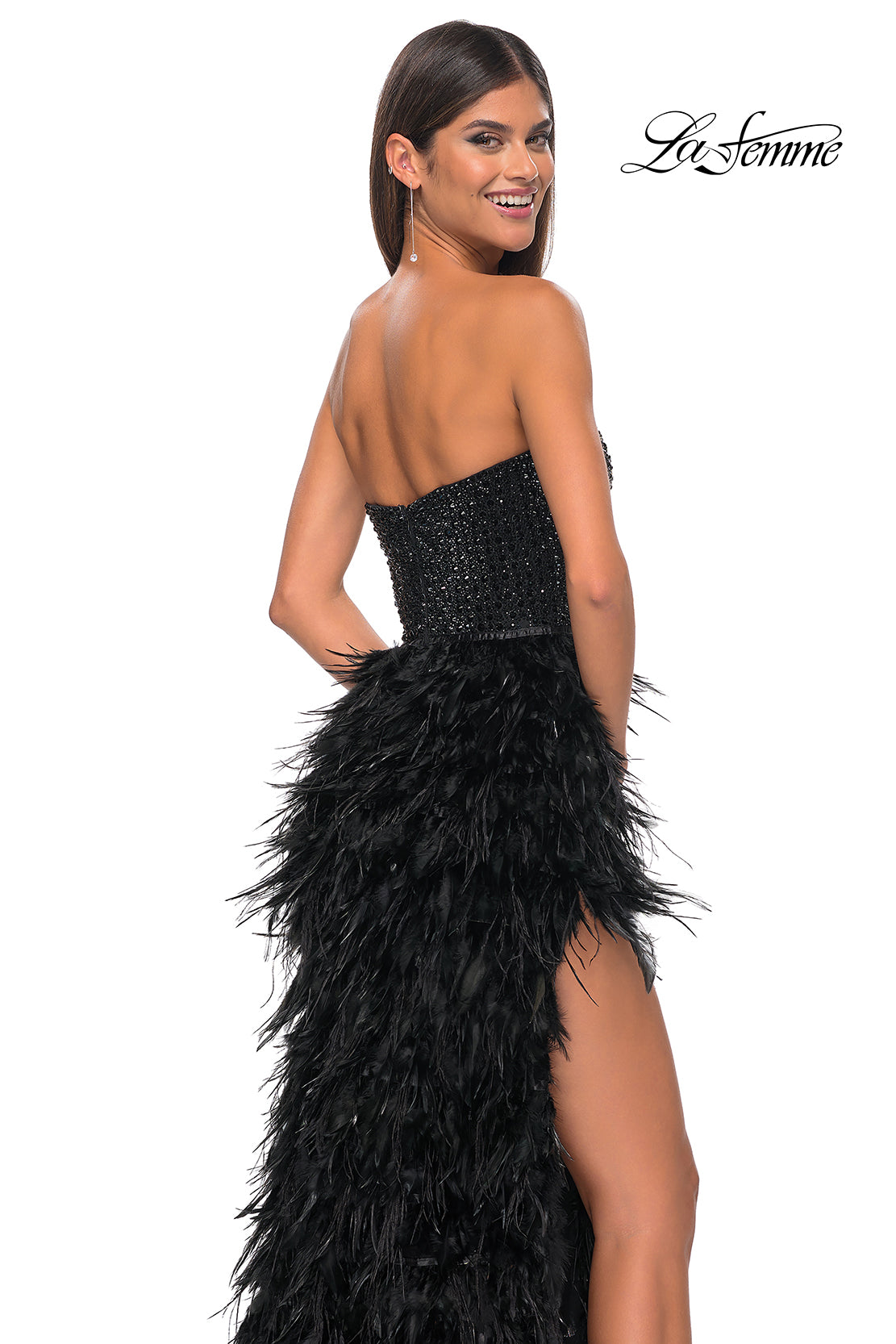 La Femme 32165 Sweetheart Neckline Zipper Back High Slit Hot Stone Fitted Evening Dress