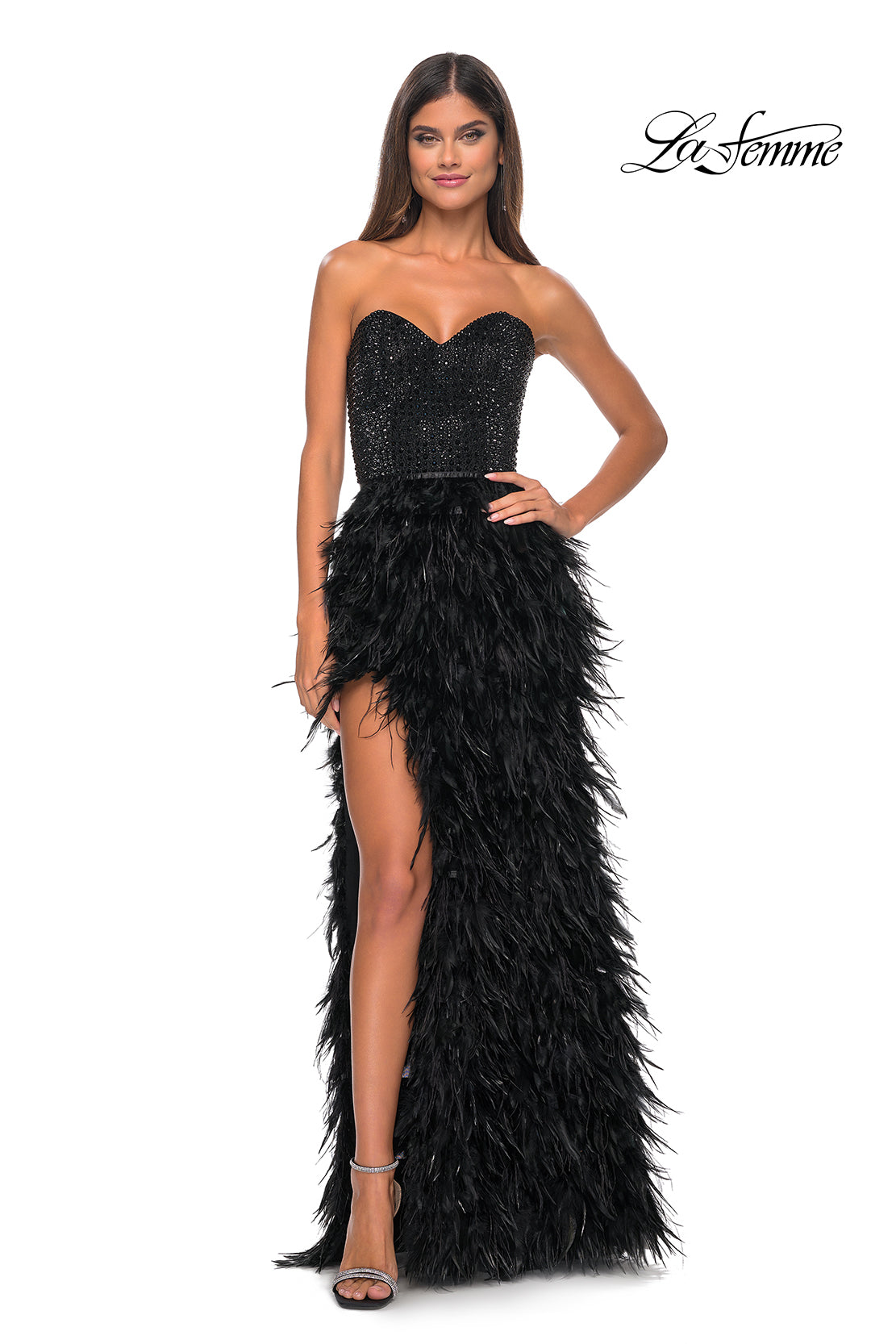 La Femme 32165 Sweetheart Neckline Zipper Back High Slit Hot Stone Fitted Evening Dress