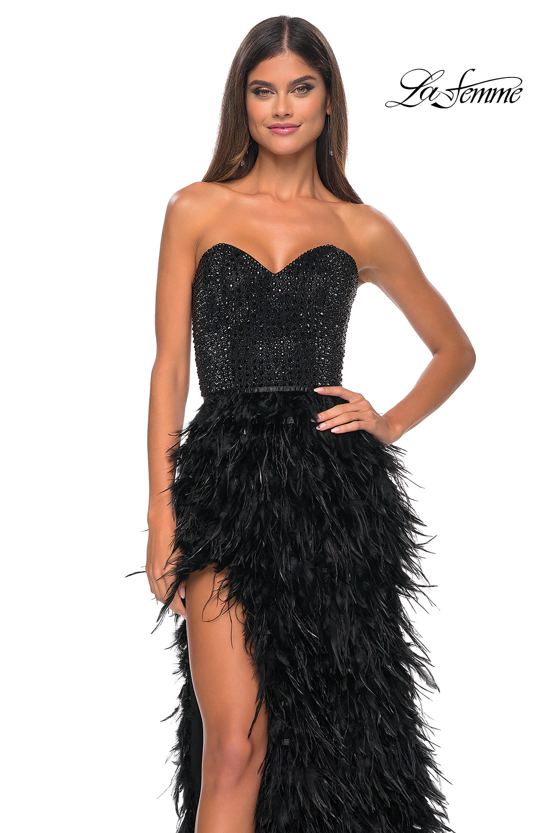 La Femme 32165 Sweetheart Neckline Zipper Back High Slit Hot Stone Fitted Evening Dress