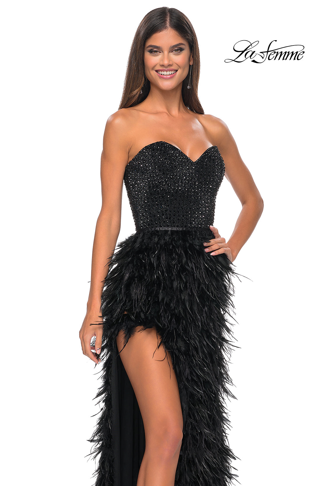 La Femme 32165 Sweetheart Neckline Zipper Back High Slit Hot Stone Fitted Evening Dress