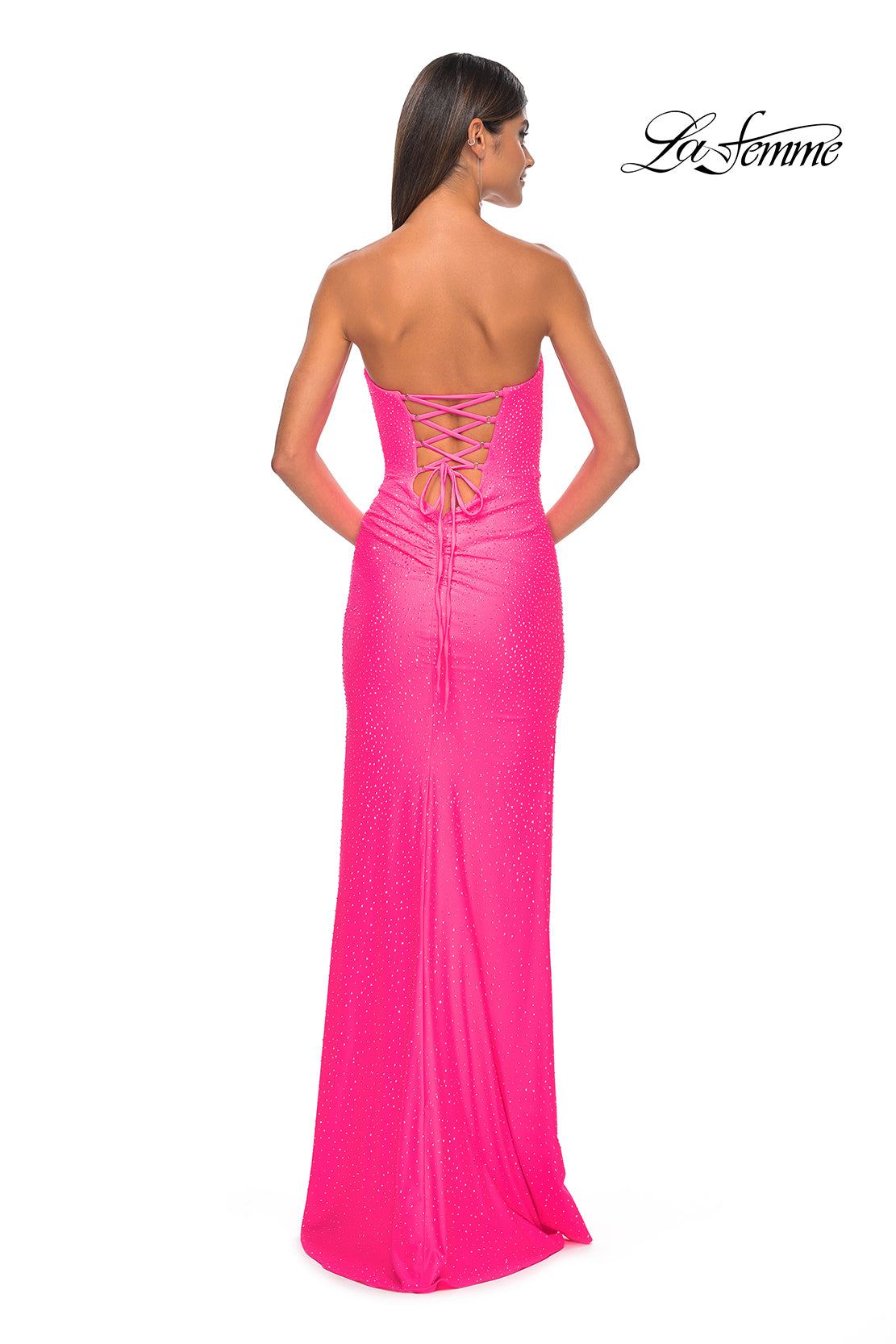 La Femme 32175 Sweetheart Neckline Lace up Back High Slit Hot Stone/Jersey Column Fitted Evening Dress