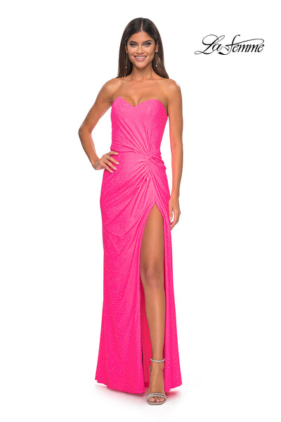 La Femme 32175 Sweetheart Neckline Lace up Back High Slit Hot Stone/Jersey Column Fitted Evening Dress