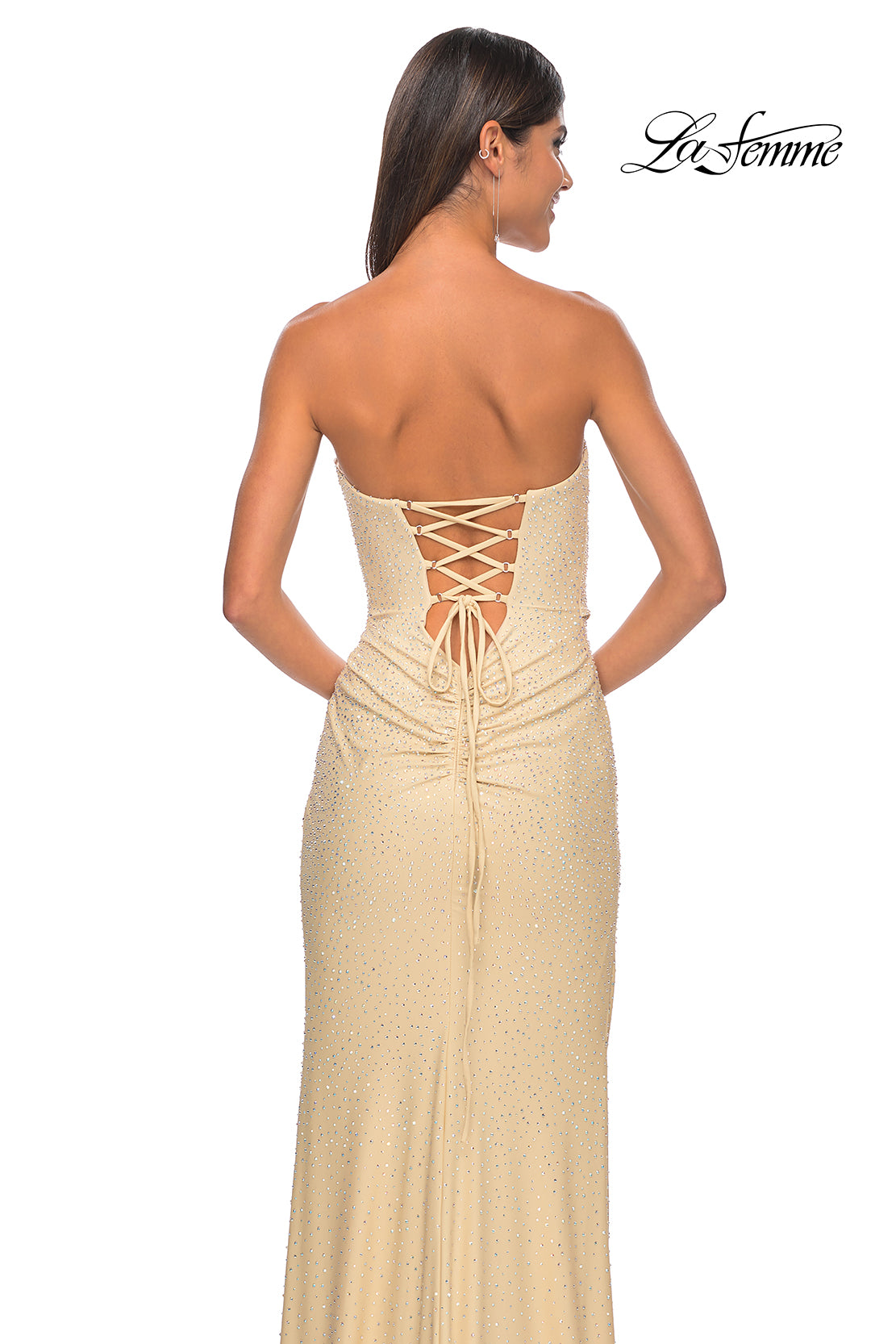 La Femme 32175 Sweetheart Neckline Lace up Back High Slit Hot Stone/Jersey Column Fitted Evening Dress