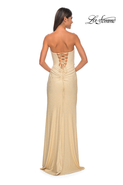 La Femme 32175 Sweetheart Neckline Lace up Back High Slit Hot Stone/Jersey Column Fitted Evening Dress