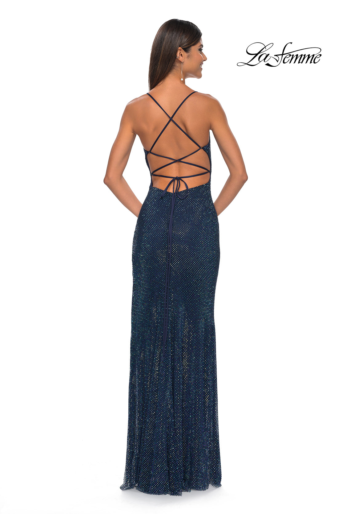 La Femme 32203 V-Neck Neckline Backless High Slit Hot Stone/Fishnet Column Fitted Evening Dress