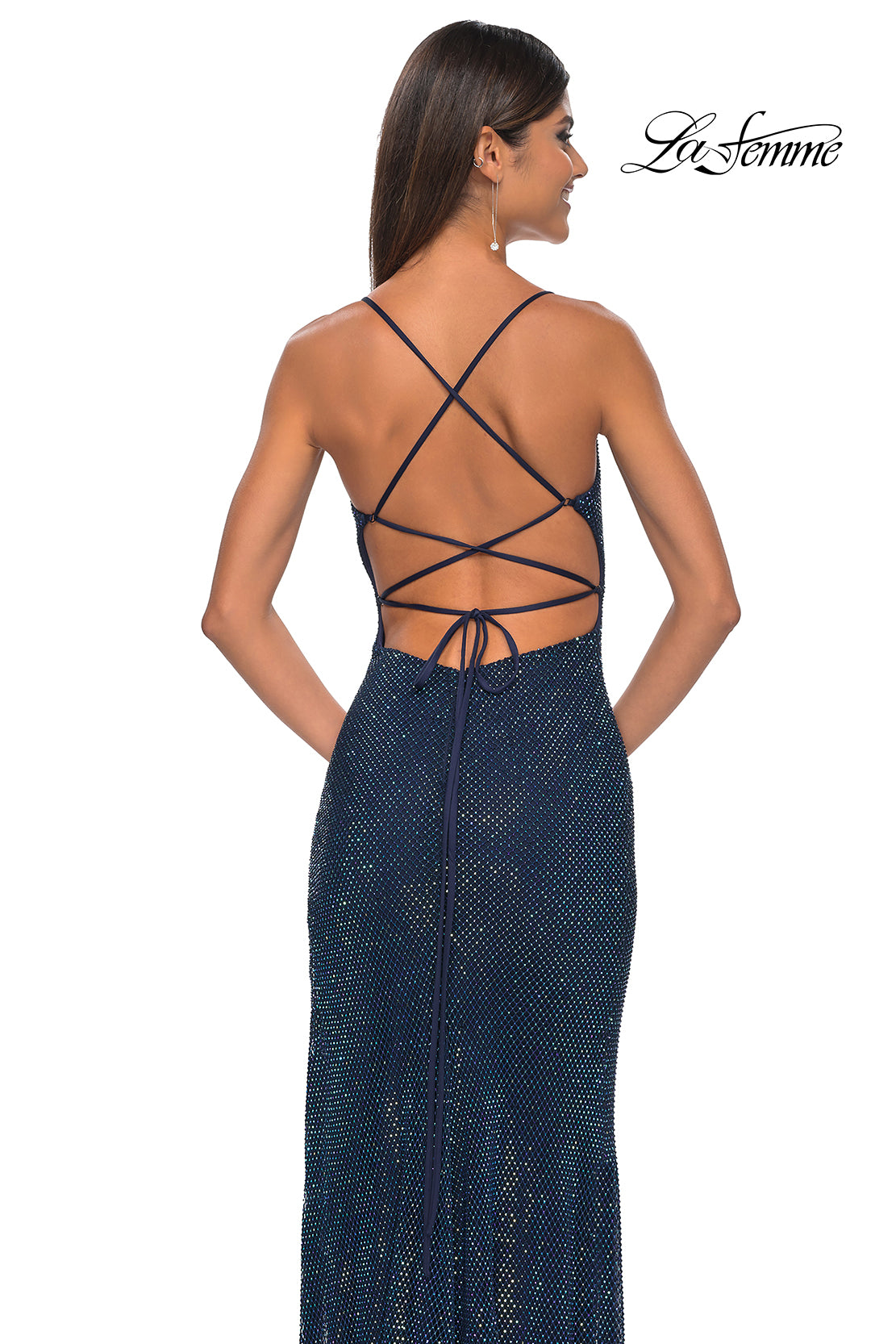 La Femme 32203 V-Neck Neckline Backless High Slit Hot Stone/Fishnet Column Fitted Evening Dress