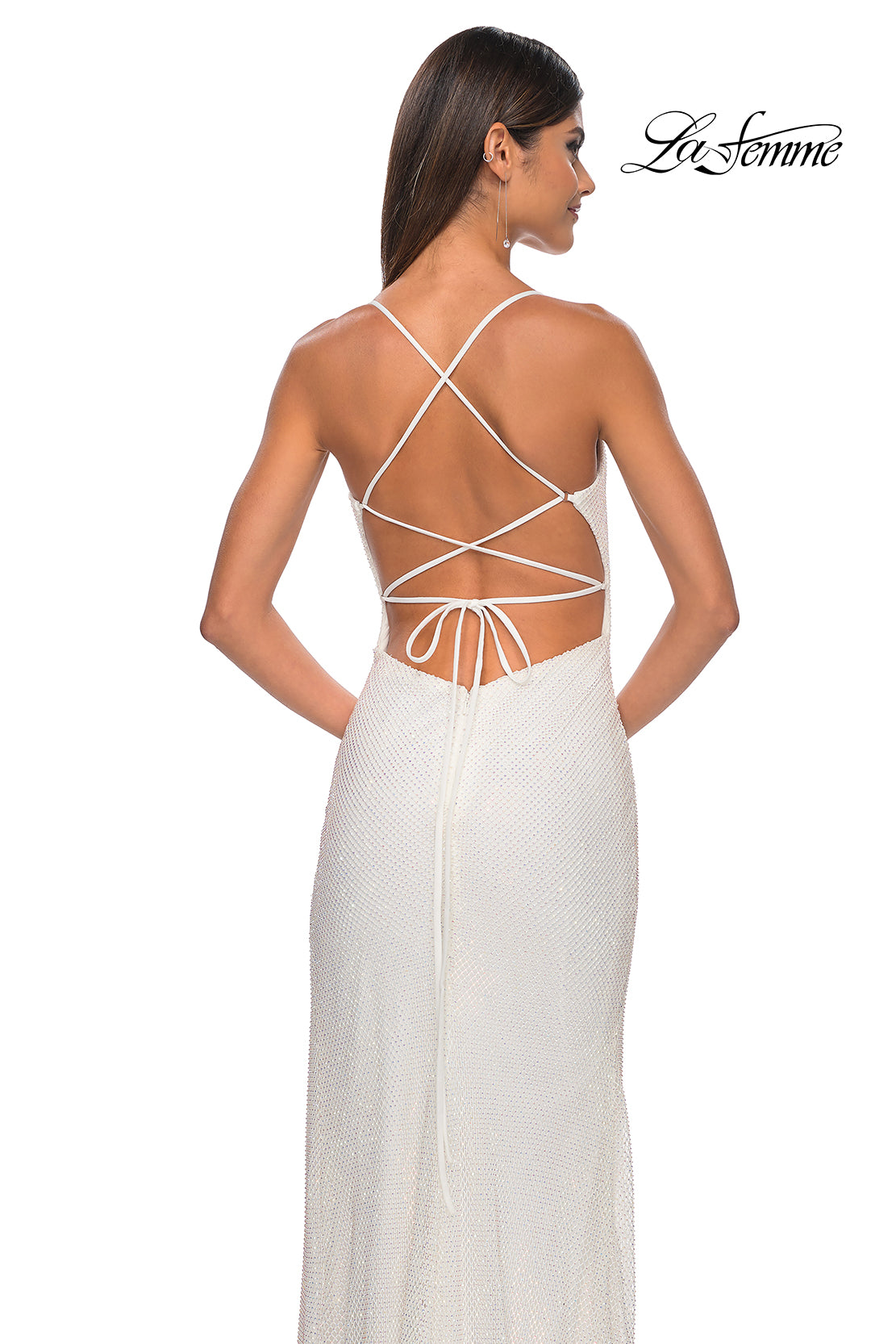 La Femme 32203 V-Neck Neckline Backless High Slit Hot Stone/Fishnet Column Fitted Evening Dress