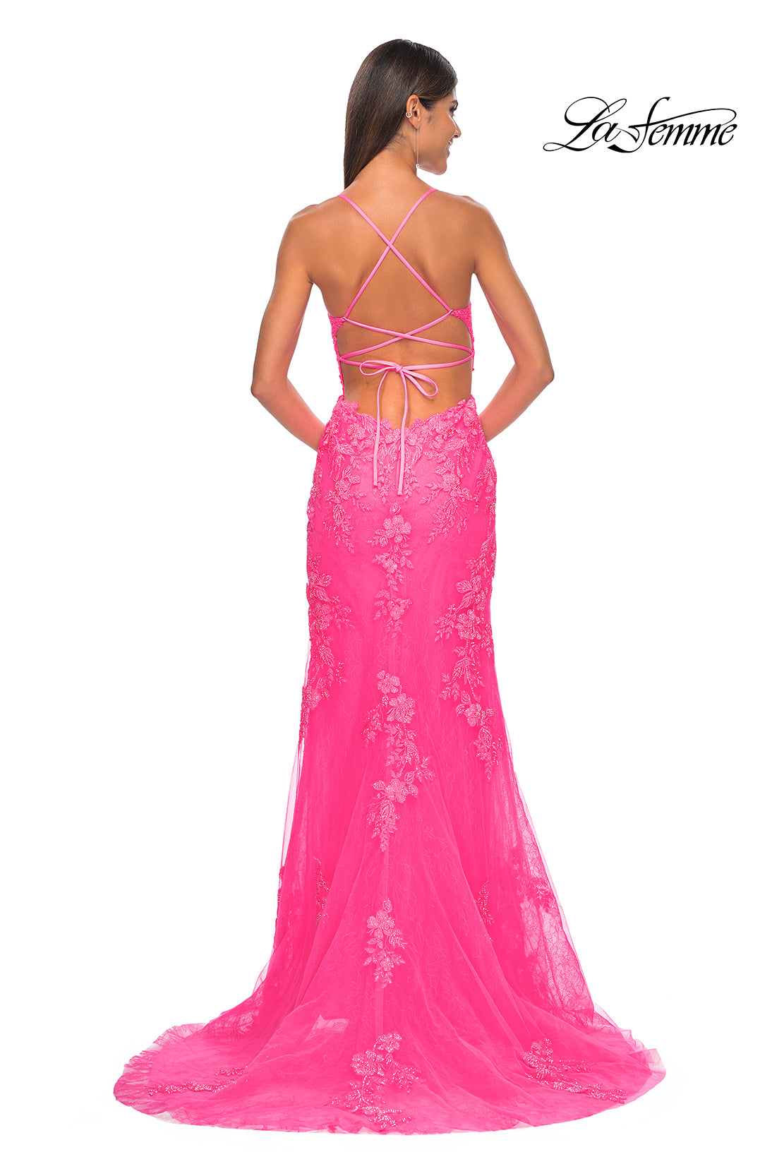 La Femme 32205 Plunging Neckline Criss Cross Back High Slit Lace/Tulle Fitted Evening Dress