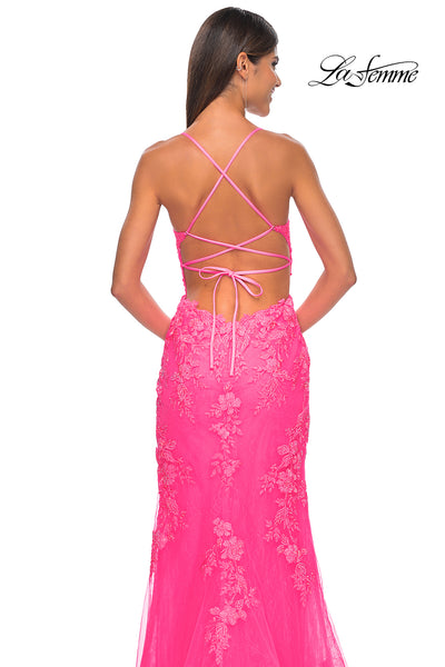 La Femme 32205 Plunging Neckline Criss Cross Back High Slit Lace/Tulle Fitted Evening Dress