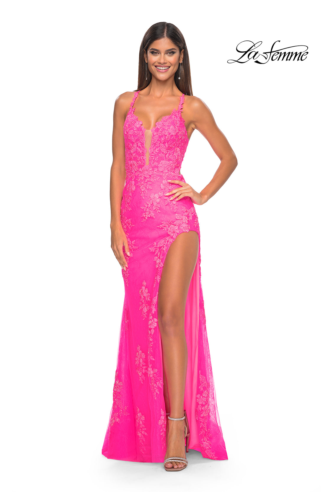 La Femme 32205 Plunging Neckline Criss Cross Back High Slit Lace/Tulle Fitted Evening Dress