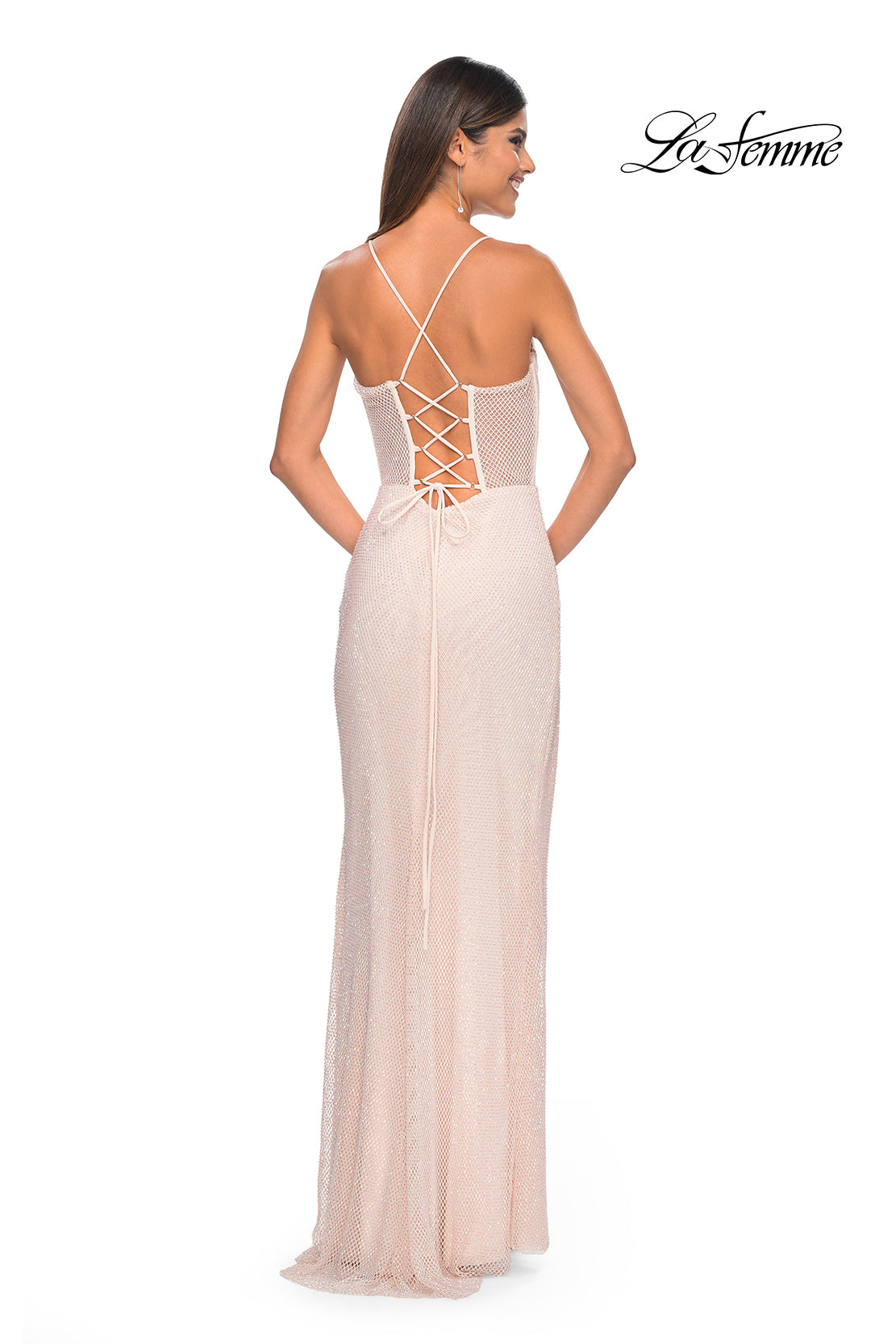 La Femme 32227 Sweetheart Neckline Lace up Back High Slit Hot Stone/Fishnet Column Fitted Evening Dress