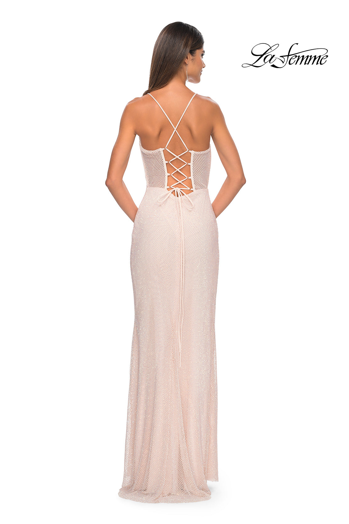 La Femme 32227 Sweetheart Neckline Lace up Back High Slit Hot Stone/Fishnet Column Fitted Evening Dress