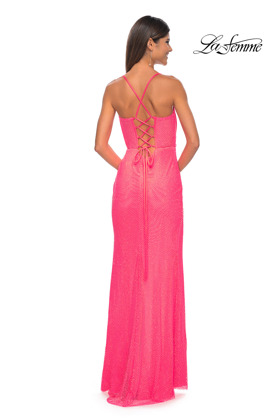 La Femme 32227 Sweetheart Neckline Lace up Back High Slit Hot Stone/Fishnet Column Fitted Evening Dress