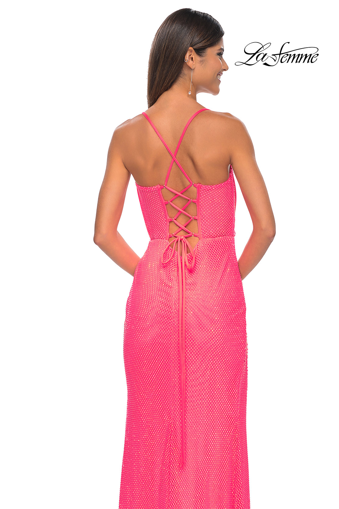 La Femme 32227 Sweetheart Neckline Lace up Back High Slit Hot Stone/Fishnet Column Fitted Evening Dress