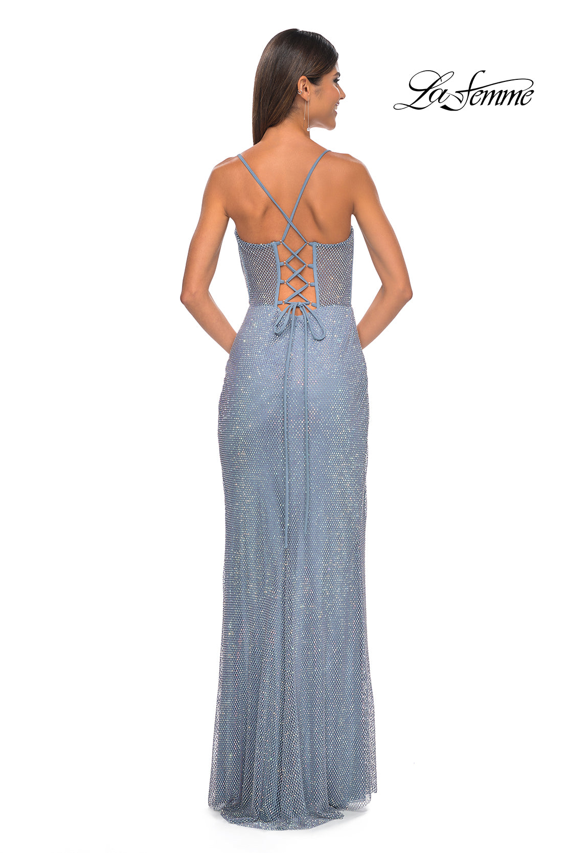 La Femme 32227 Sweetheart Neckline Lace up Back High Slit Hot Stone/Fishnet Column Fitted Evening Dress