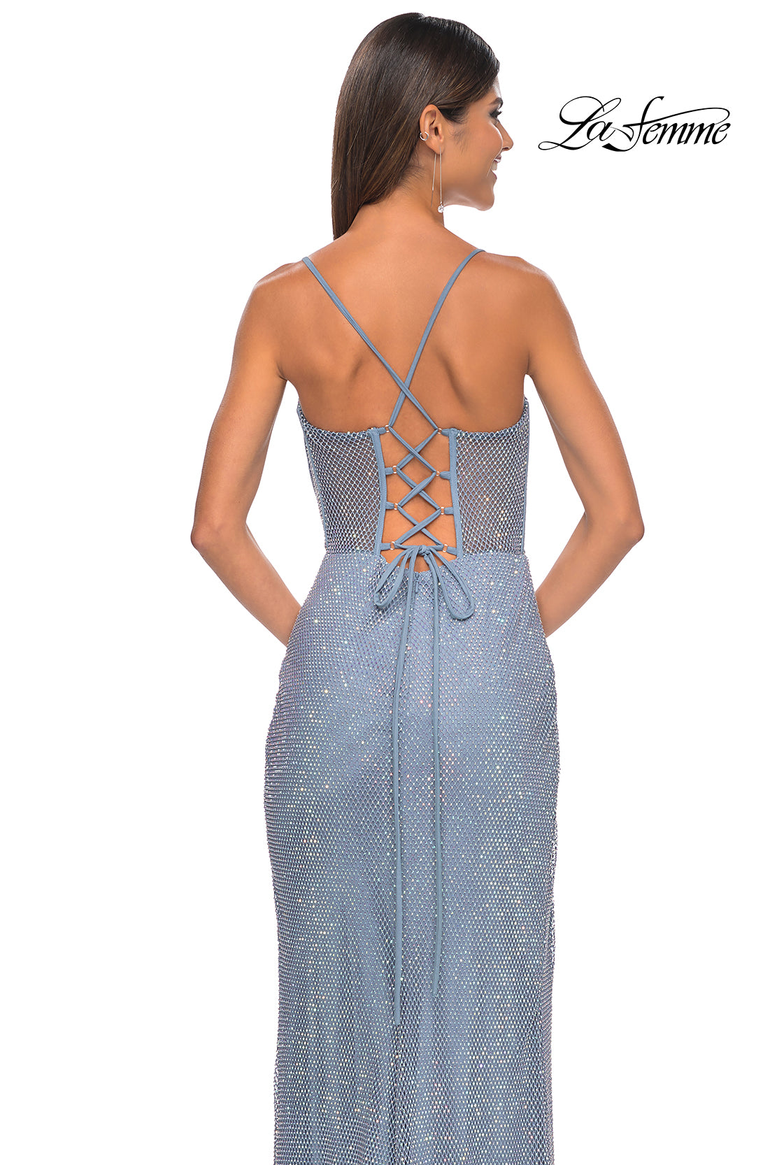 La Femme 32227 Sweetheart Neckline Lace up Back High Slit Hot Stone/Fishnet Column Fitted Evening Dress