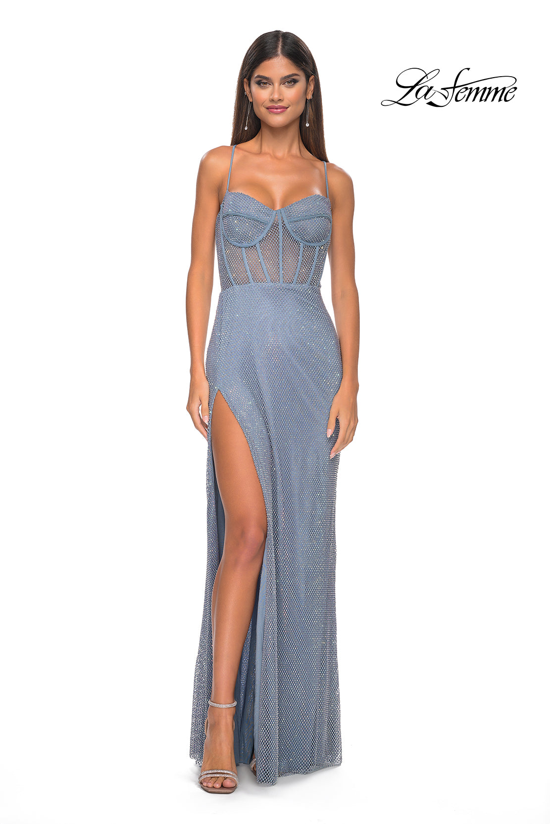 La Femme 32227 Sweetheart Neckline Lace up Back High Slit Hot Stone/Fishnet Column Fitted Evening Dress