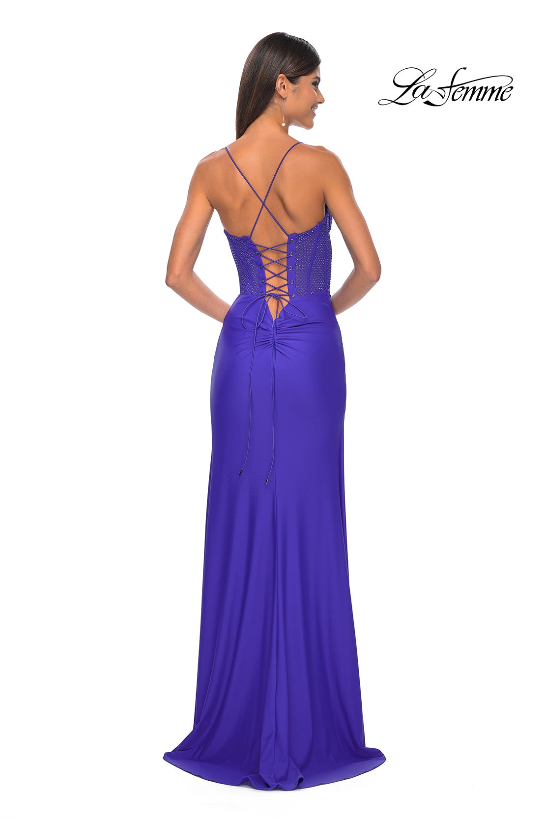 La Femme 32230 V-Neck Neckline Lace up Back High Slit Hot Stone/Fishnet Column Fitted Evening Dress