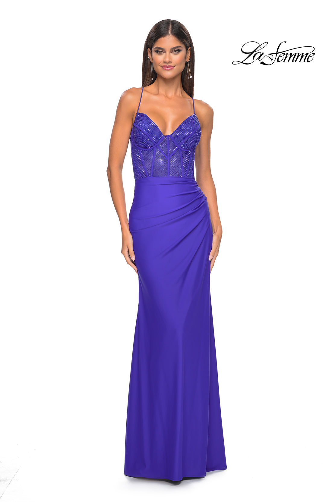 La Femme 32230 V-Neck Neckline Lace up Back High Slit Hot Stone/Fishnet Column Fitted Evening Dress