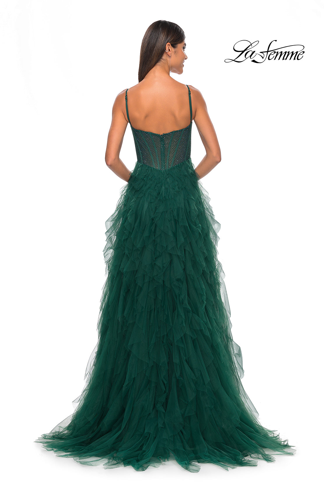 La Femme 32233 Square Neckline Zipper Back Tiered Hot Stone/Fishnet Tulle A-Line Evening Dress