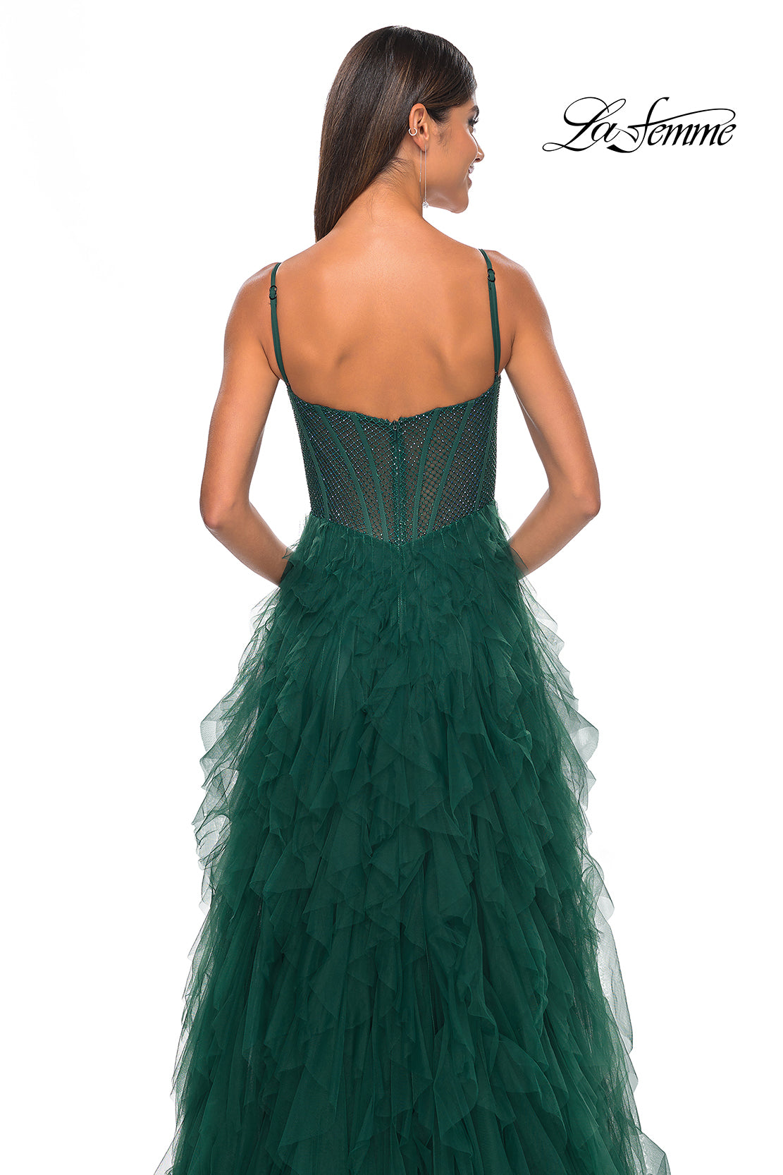 La Femme 32233 Square Neckline Zipper Back Tiered Hot Stone/Fishnet Tulle A-Line Evening Dress