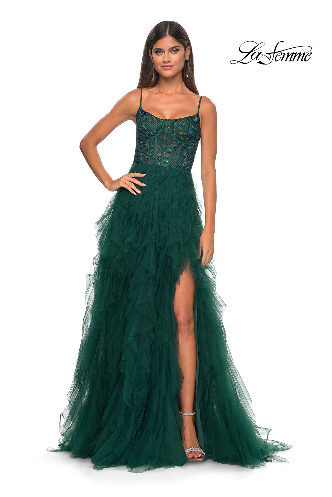 La Femme 32233 Square Neckline Zipper Back Tiered Hot Stone/Fishnet Tulle A-Line Evening Dress