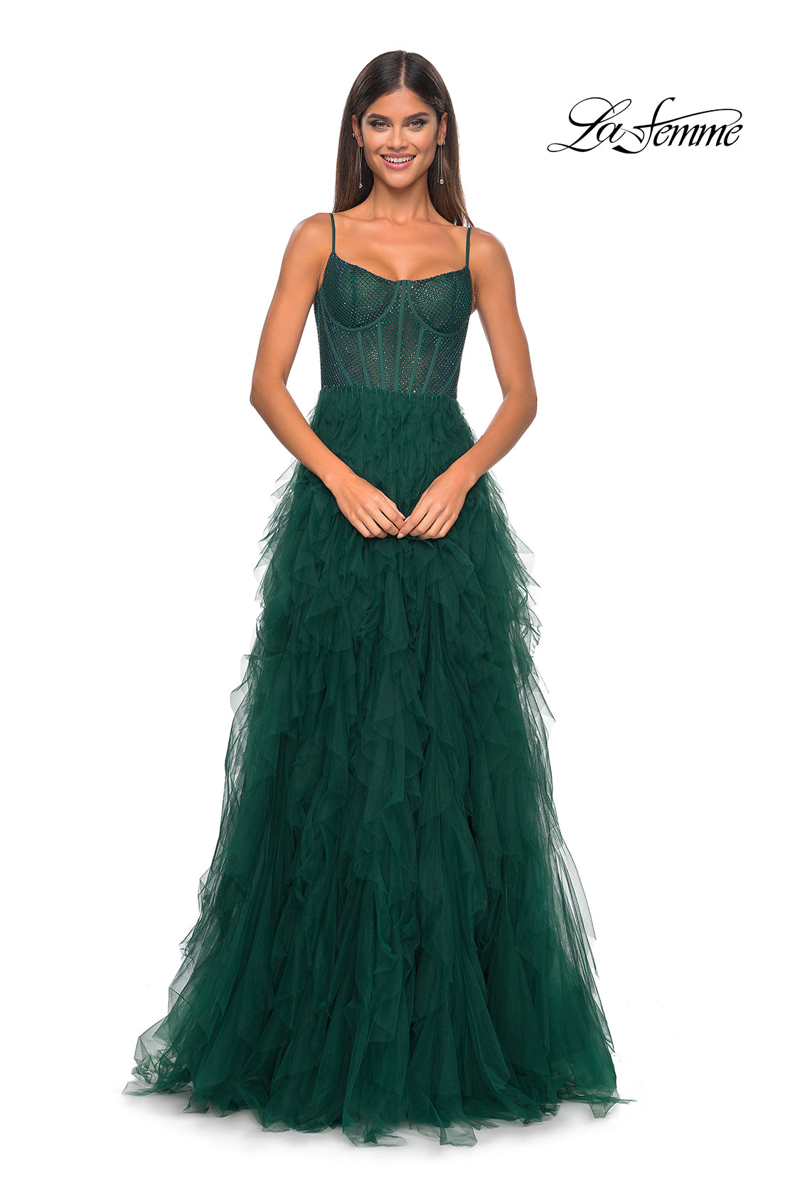 La Femme 32233 Square Neckline Zipper Back Tiered Hot Stone/Fishnet Tulle A-Line Evening Dress