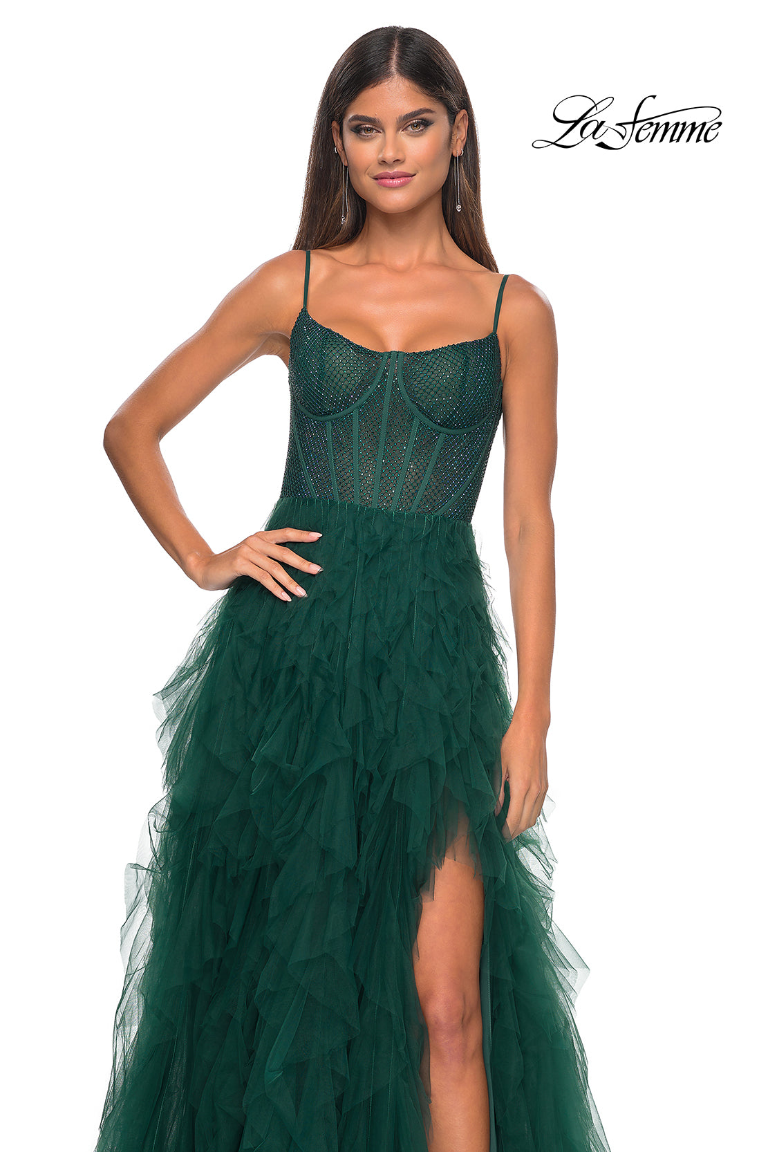 La Femme 32233 Square Neckline Zipper Back Tiered Hot Stone/Fishnet Tulle A-Line Evening Dress