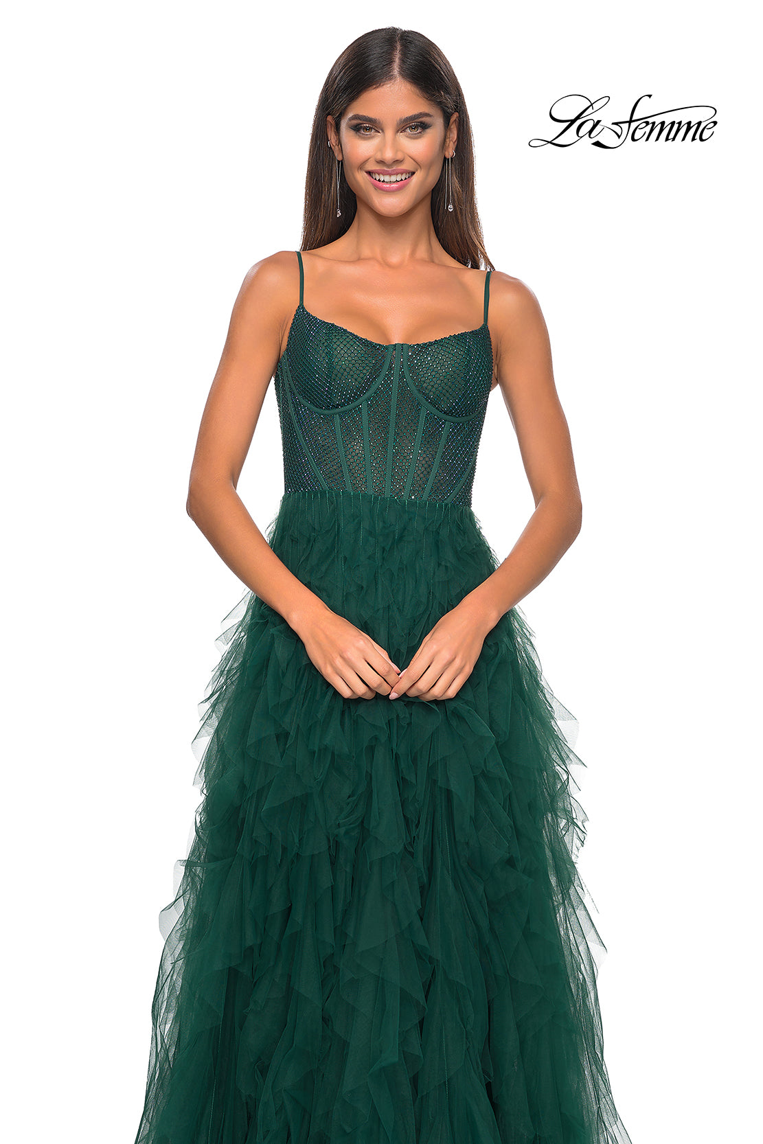 La Femme 32233 Square Neckline Zipper Back Tiered Hot Stone/Fishnet Tulle A-Line Evening Dress