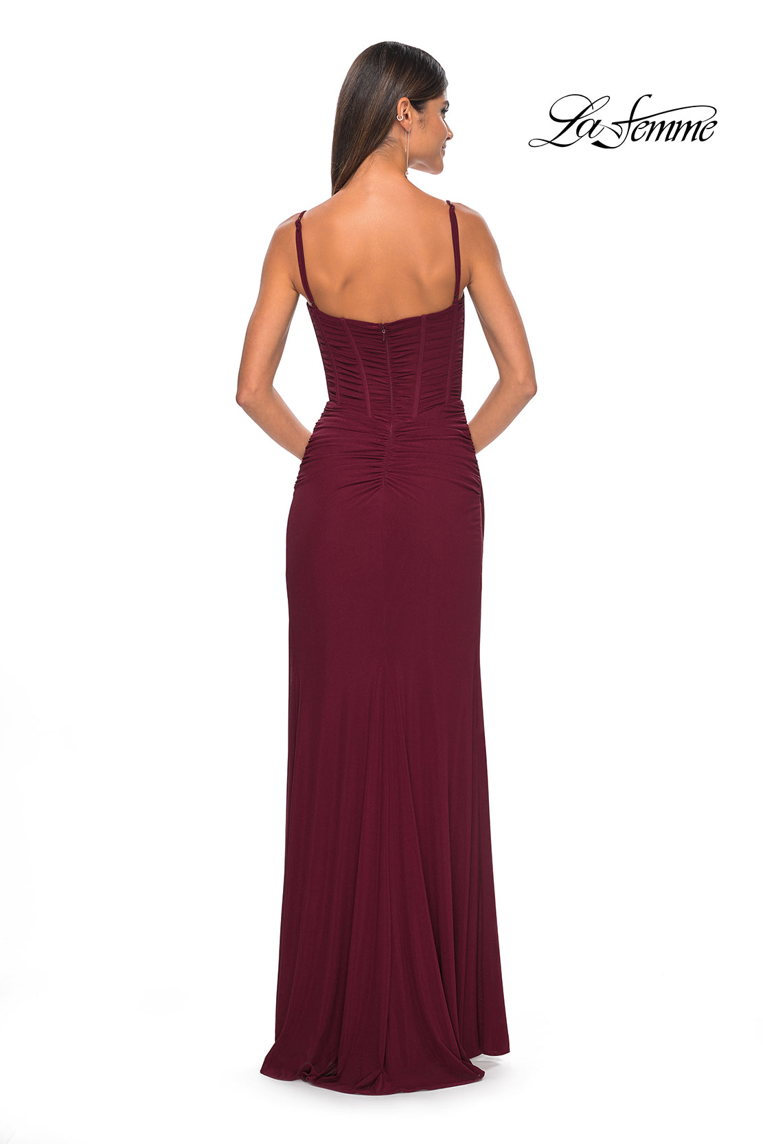 La Femme 32239 V-Neck Neckline Zipper Back High Slit Net Jersey Fitted Evening Dress