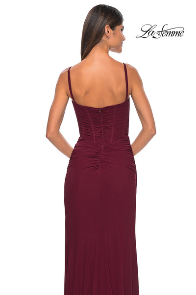 La Femme 32239 V-Neck Neckline Zipper Back High Slit Net Jersey Fitted Evening Dress