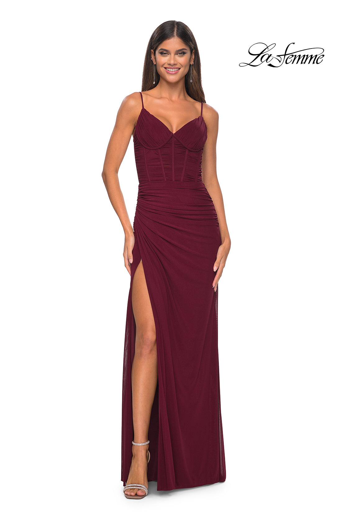 La Femme 32239 V-Neck Neckline Zipper Back High Slit Net Jersey Fitted Evening Dress
