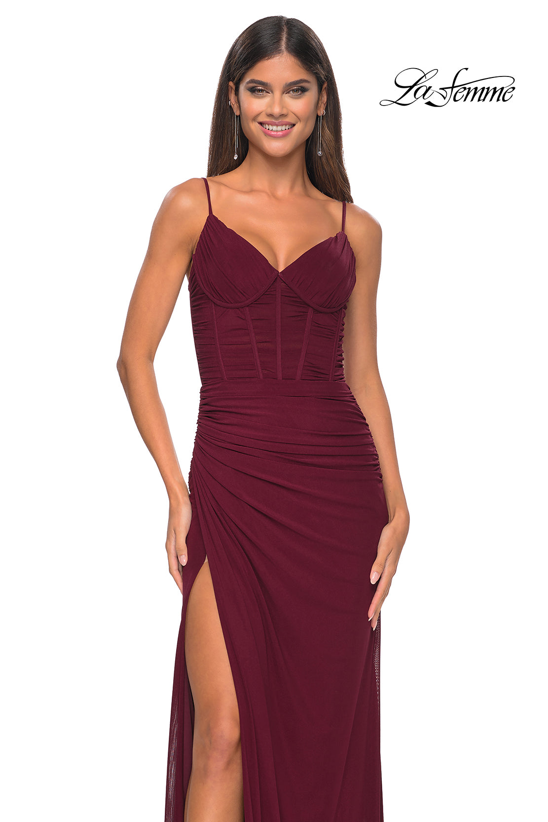 La Femme 32239 V-Neck Neckline Zipper Back High Slit Net Jersey Fitted Evening Dress