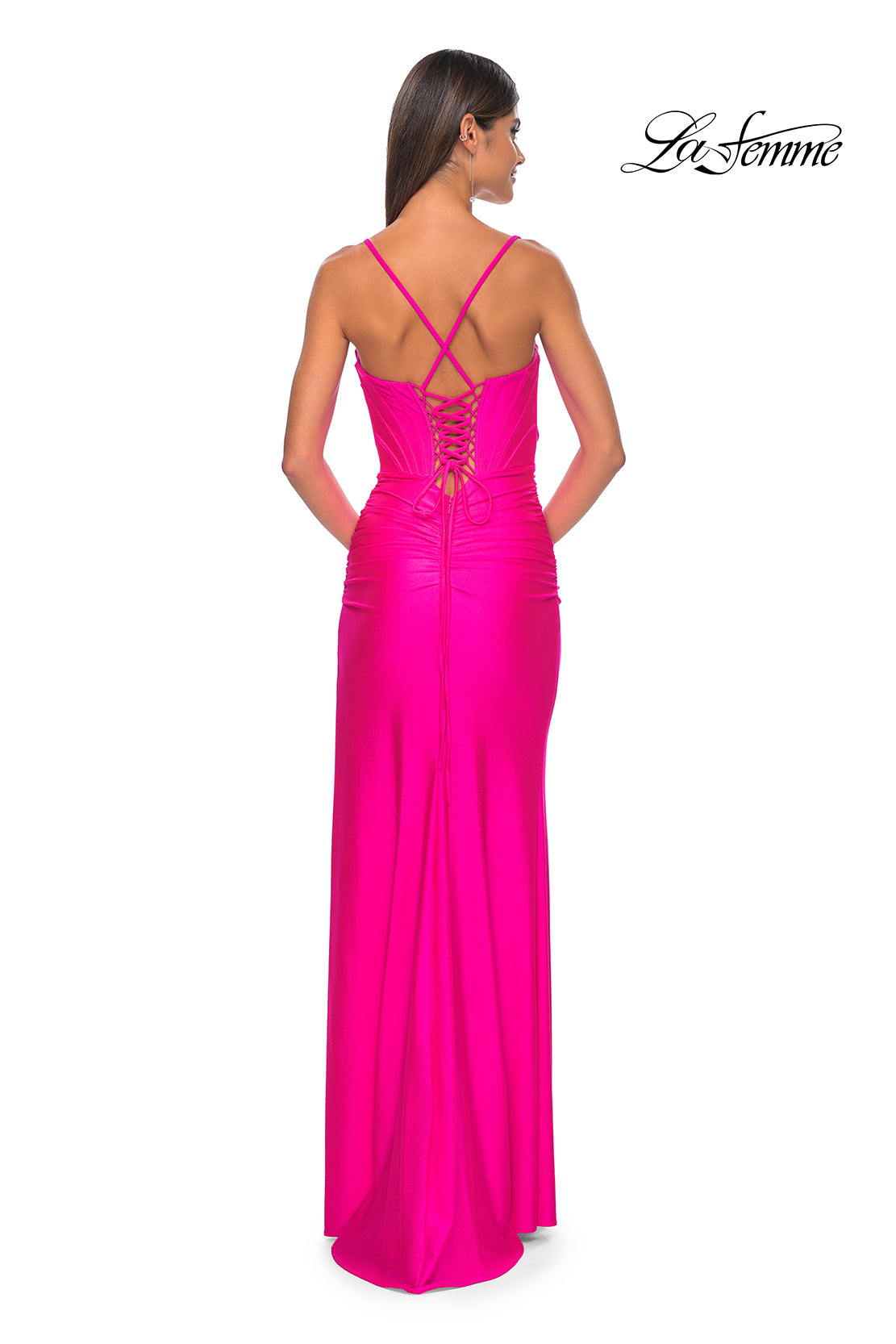 La Femme 32256 Sweetheart Neckline Lace up Back High Slit Jersey Fitted Evening Dress