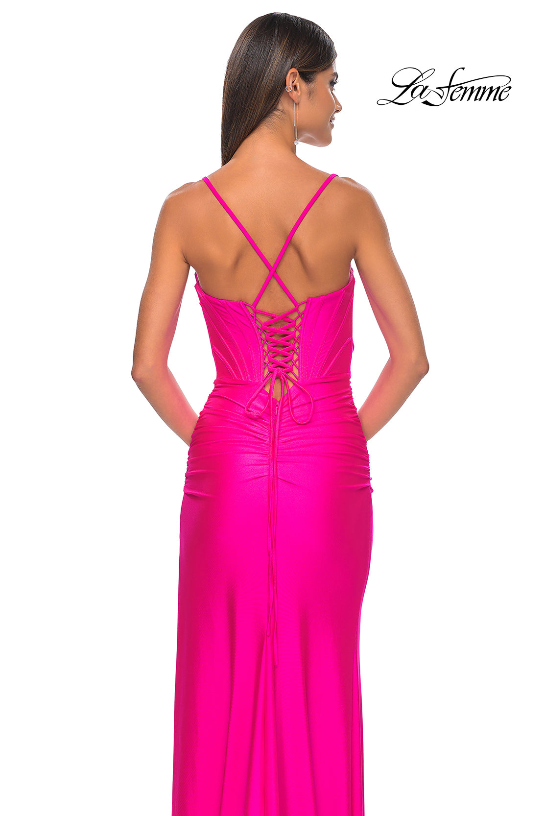 La Femme 32256 Sweetheart Neckline Lace up Back High Slit Jersey Fitted Evening Dress