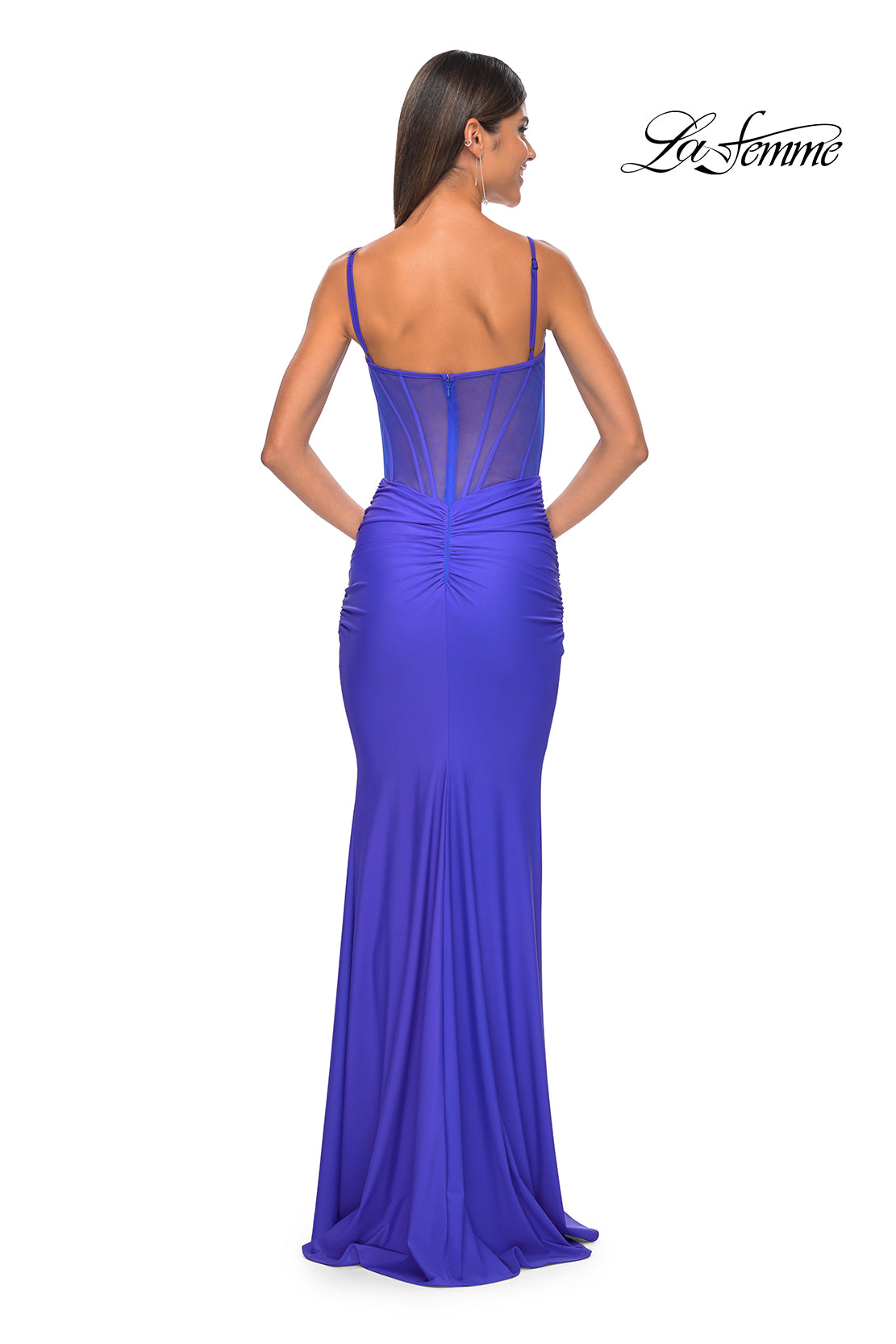 La Femme 32257 V-Neck Neckline Zipper Back Corset Jersey Fitted Evening Dress
