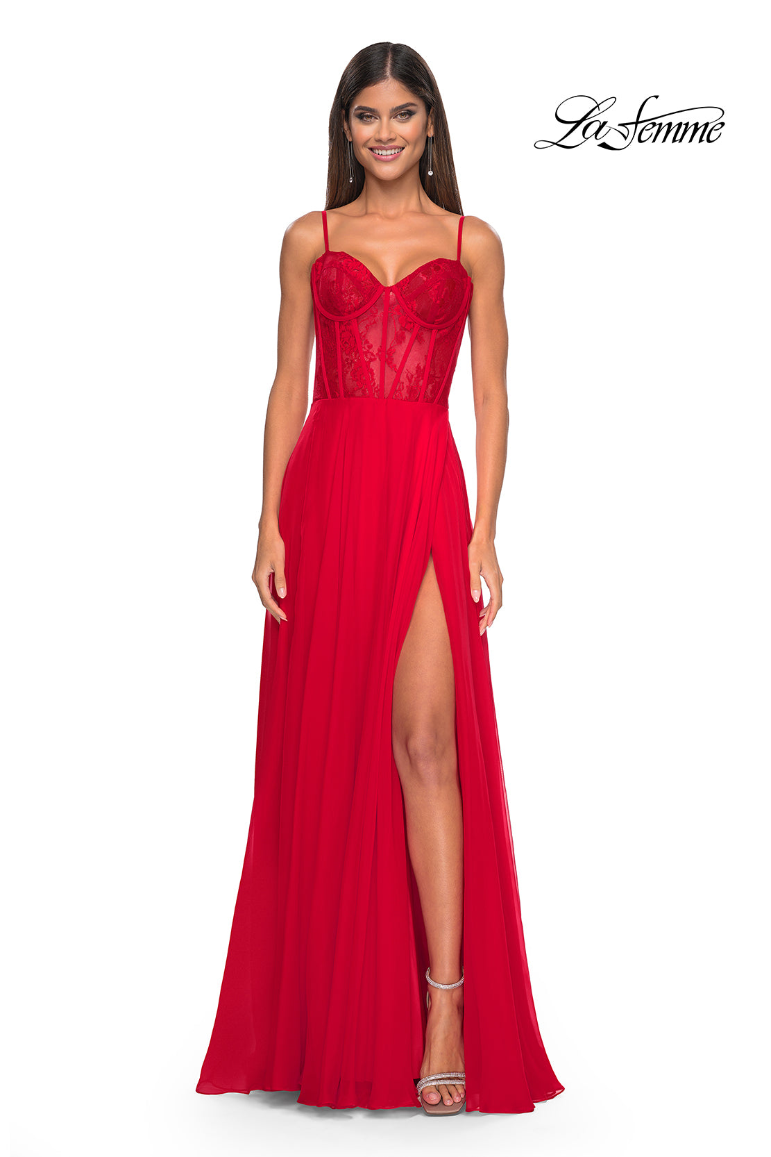 La Femme 32276 Sweetheart Neckline Zipper Back High Slit Lace/Chiffon A-Line Evening Dress