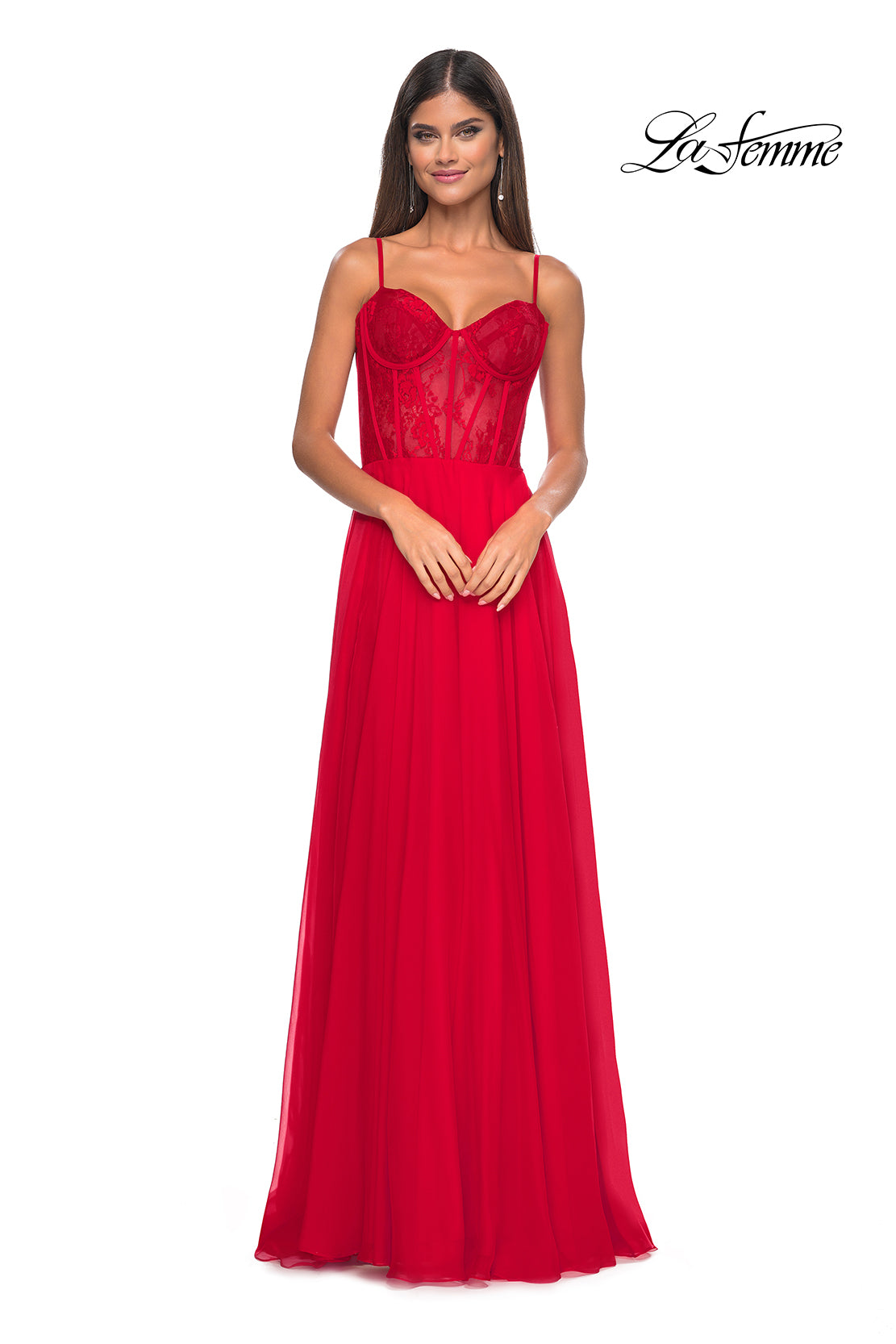 La Femme 32276 Sweetheart Neckline Zipper Back High Slit Lace/Chiffon A-Line Evening Dress