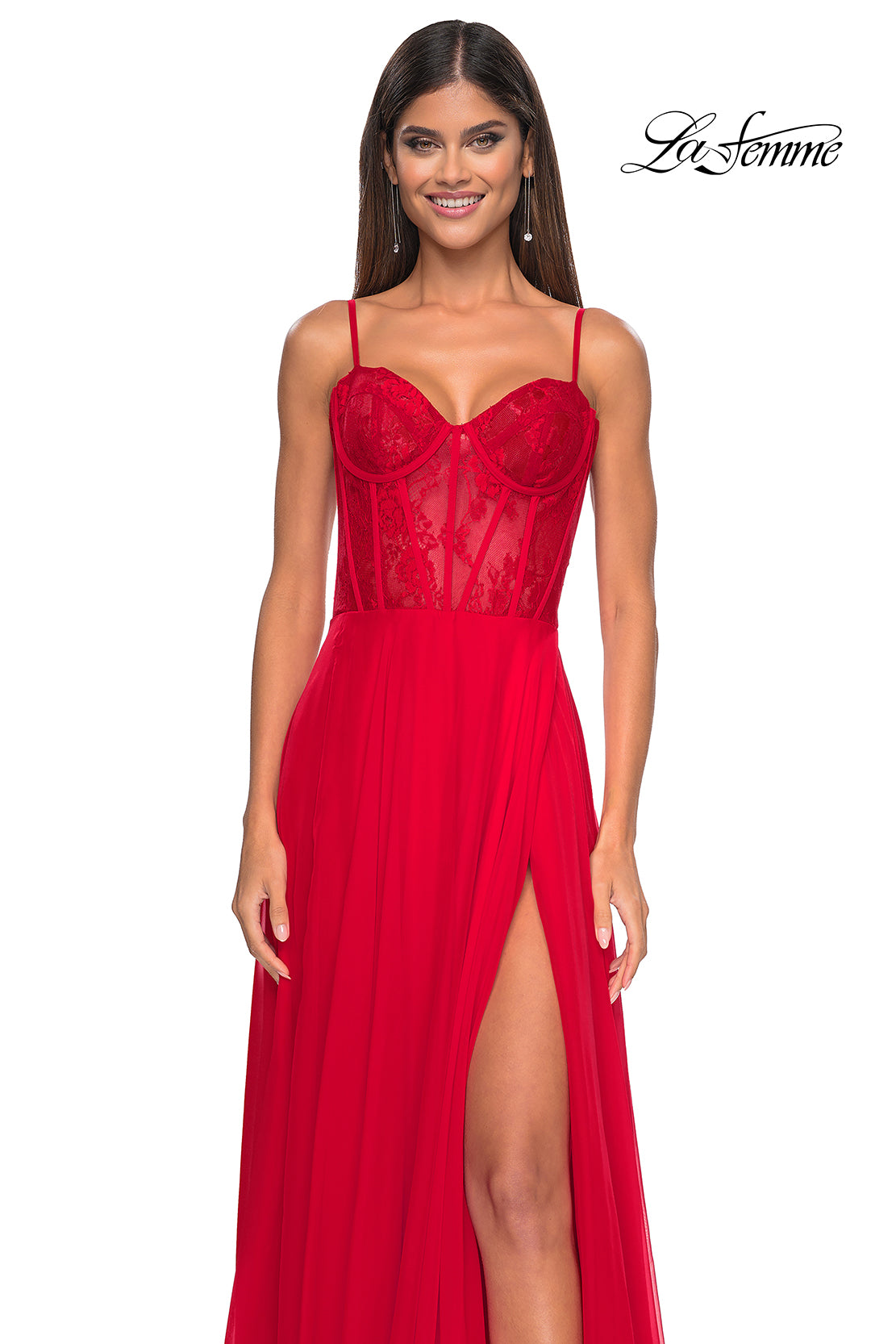 La Femme 32276 Sweetheart Neckline Zipper Back High Slit Lace/Chiffon A-Line Evening Dress