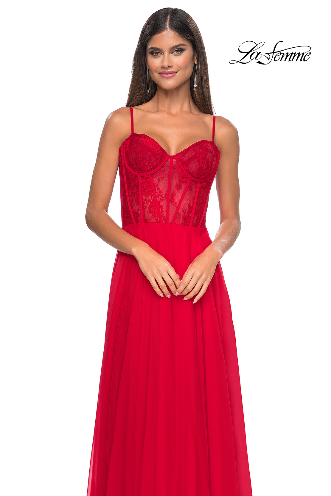 La Femme 32276 Sweetheart Neckline Zipper Back High Slit Lace/Chiffon A-Line Evening Dress