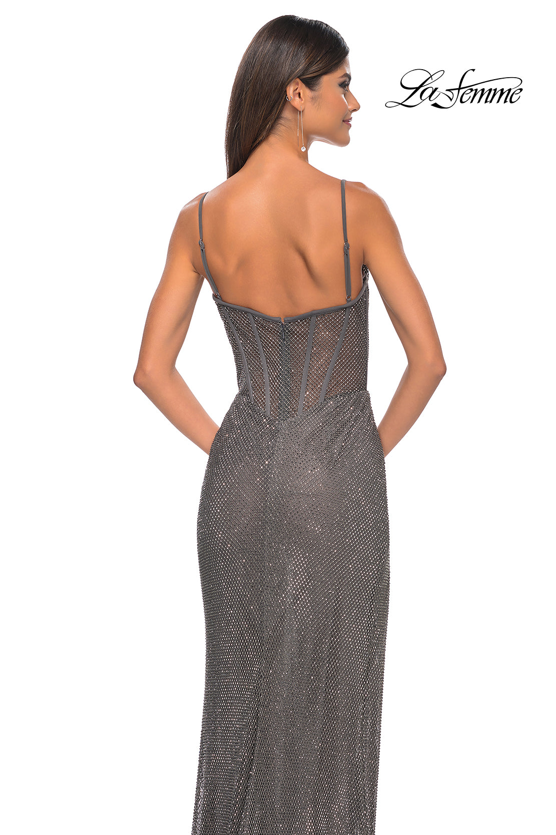 La Femme 32285 V-Neck Neckline Zipper Back Corset Hot Stone/Fishnet Column Fitted Evening Dress
