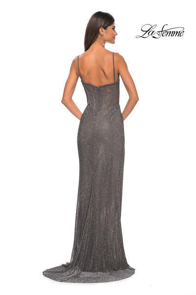 La Femme 32285 V-Neck Neckline Zipper Back Corset Hot Stone/Fishnet Column Fitted Evening Dress