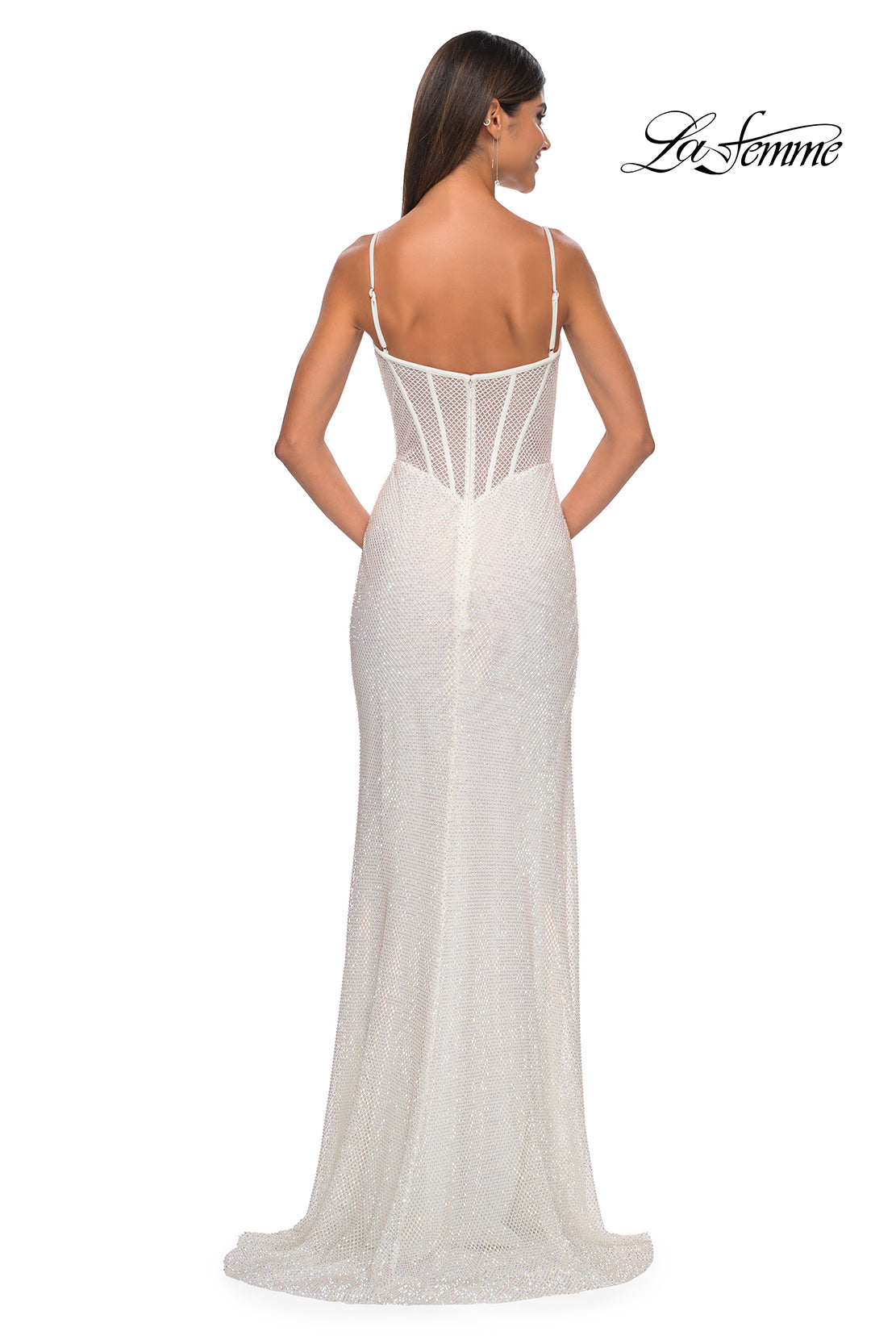 La Femme 32285 V-Neck Neckline Zipper Back Corset Hot Stone/Fishnet Column Fitted Evening Dress