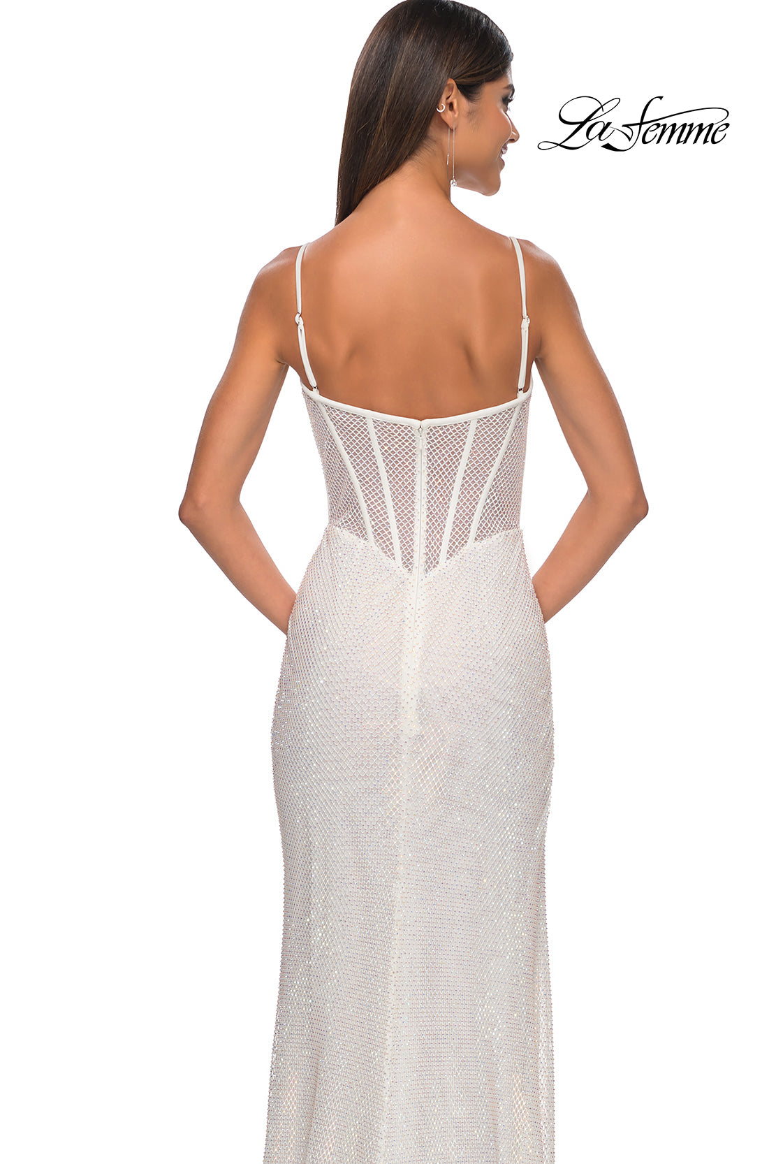 La Femme 32285 V-Neck Neckline Zipper Back Corset Hot Stone/Fishnet Column Fitted Evening Dress