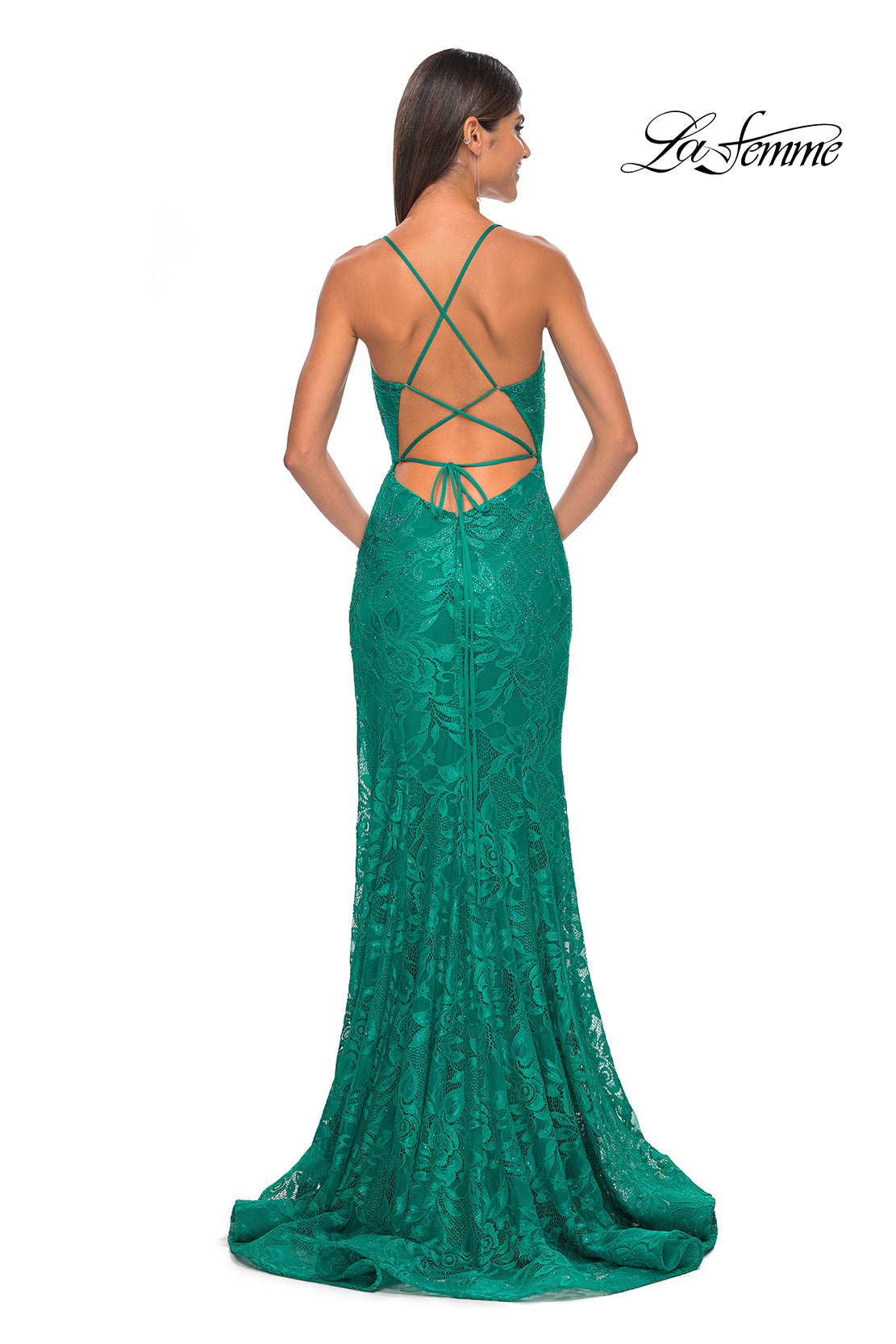 La Femme 32308 V-Neck Neckline Criss Cross Back High Slit Stretch Lace Fitted Evening Dress