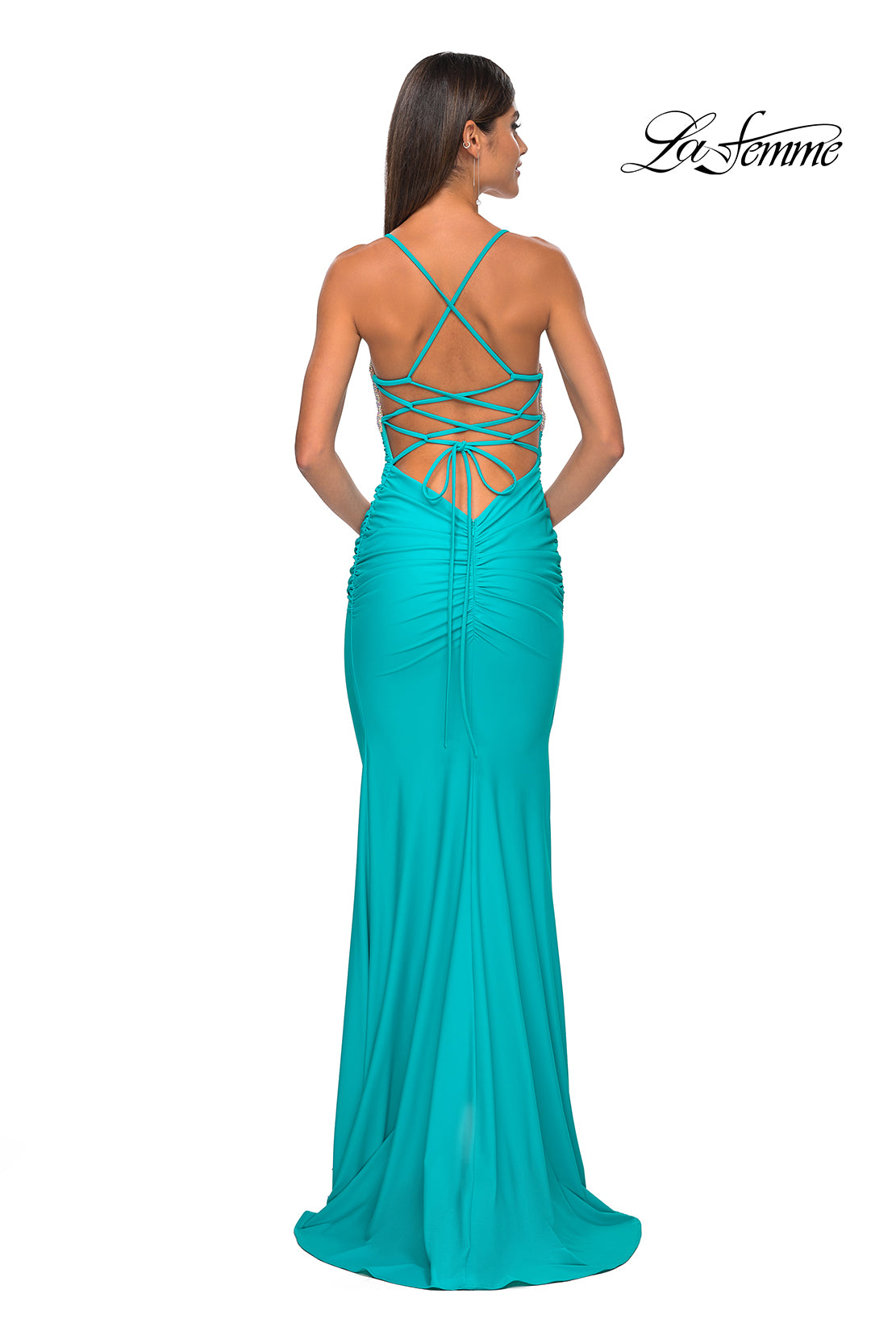 La Femme 32320 V-Neck Neckline Criss Cross Back Ruched Hot Stone/Fishnet/Jersey Fitted Evening Dress