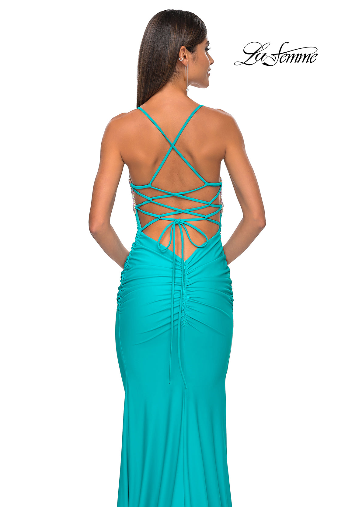 La Femme 32320 V-Neck Neckline Criss Cross Back Ruched Hot Stone/Fishnet/Jersey Fitted Evening Dress