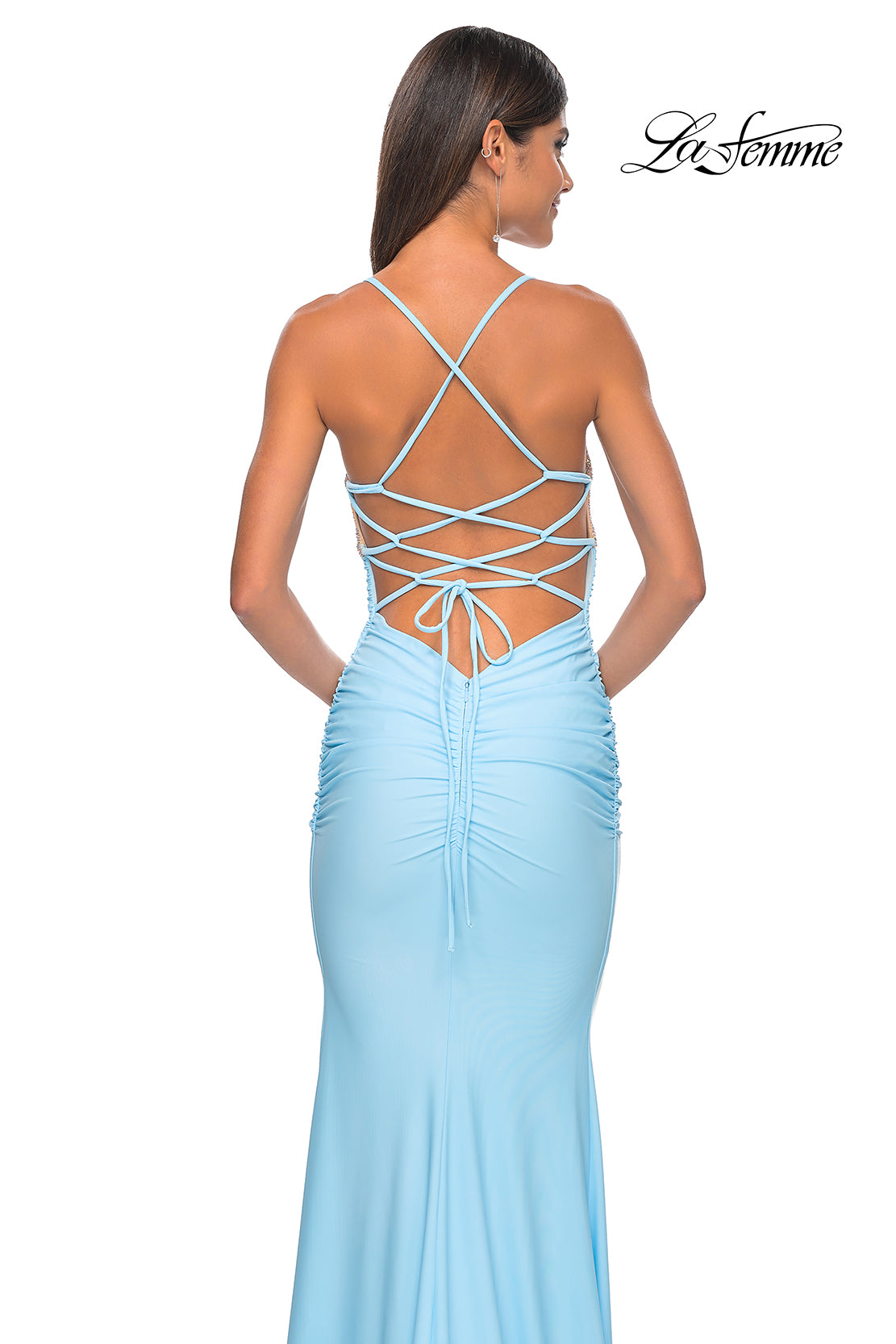 La Femme 32320 V-Neck Neckline Criss Cross Back Ruched Hot Stone/Fishnet/Jersey Fitted Evening Dress