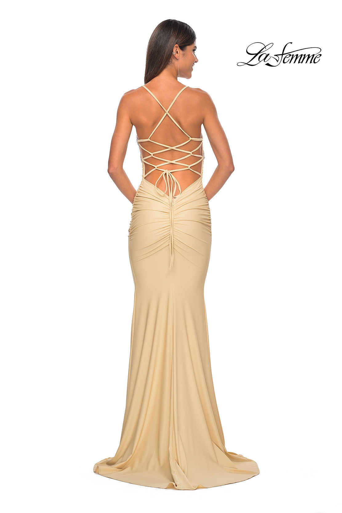 La Femme 32320 V-Neck Neckline Criss Cross Back Ruched Hot Stone/Fishnet/Jersey Fitted Evening Dress